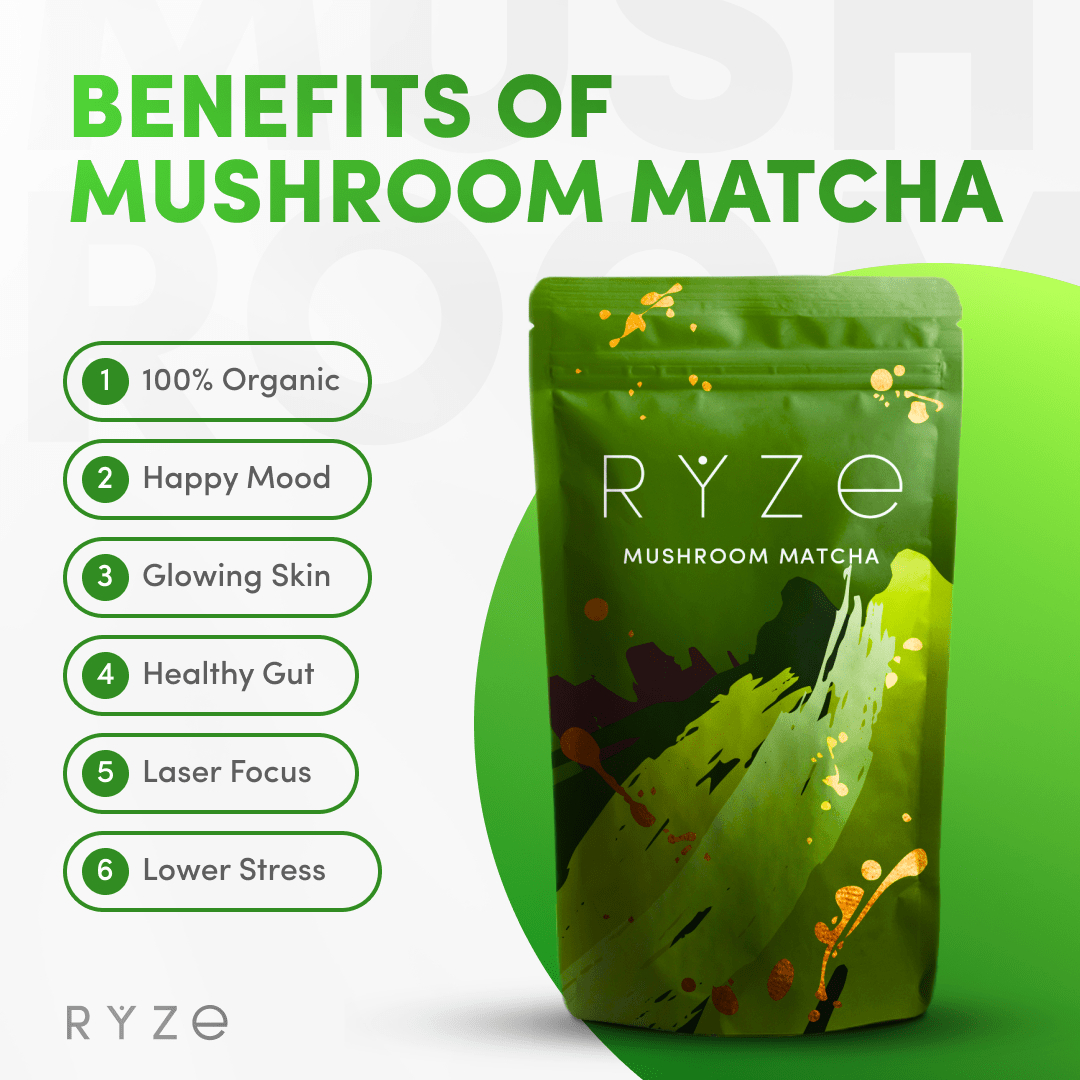 RYZE Matcha - with 6 Organic Adaptogenic Mushrooms Grown In USA and Ceremonial-Grade Japanese Matcha - Ready Routine