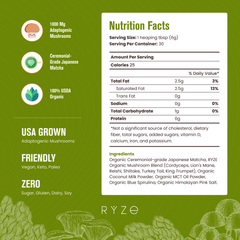 RYZE Matcha - with 6 Organic Adaptogenic Mushrooms Grown In USA and Ceremonial-Grade Japanese Matcha - Ready Routine